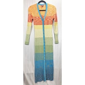 STAUD Women Rainbow Ombre Ribbed Knit Button Front Cardigan Maxi Dress Medium